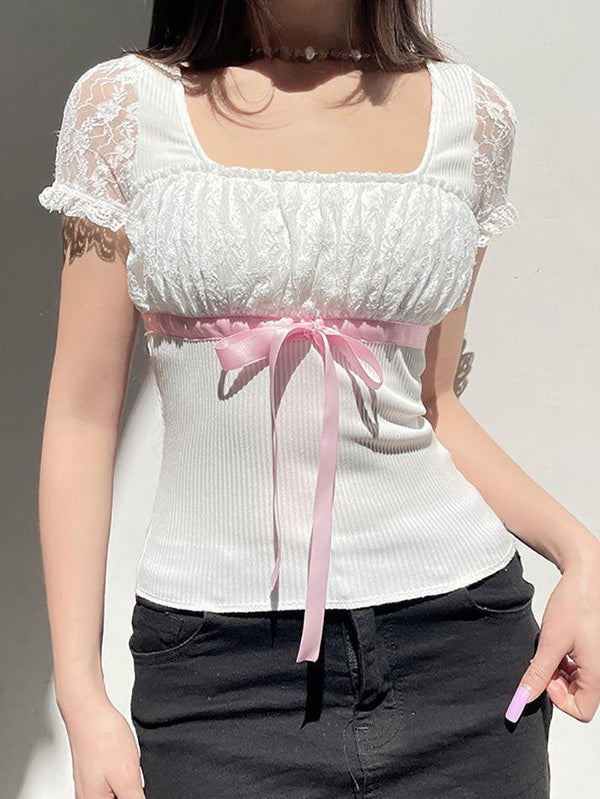Bow Lace Patchwork Bubble Sleeve Top - AnotherChill