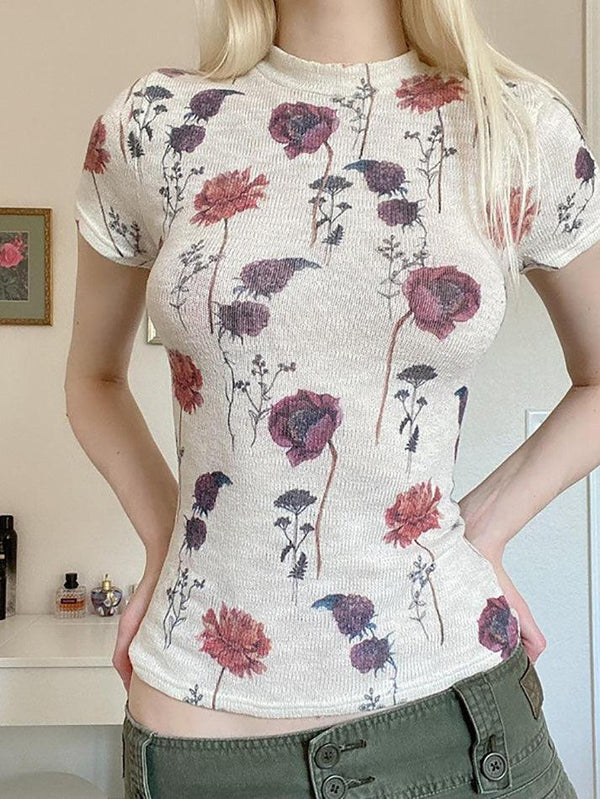 Vintage Rose Print Slim Fit Top - AnotherChill