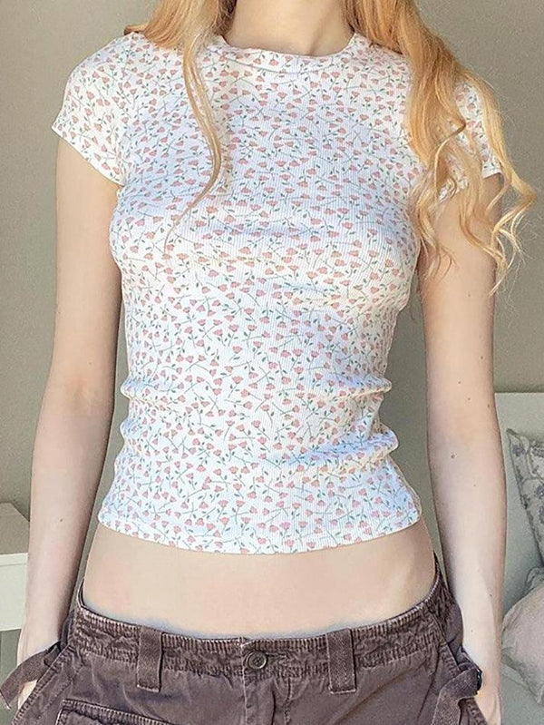 Floral Print Ribbed Slim Fit Crop Top - AnotherChill