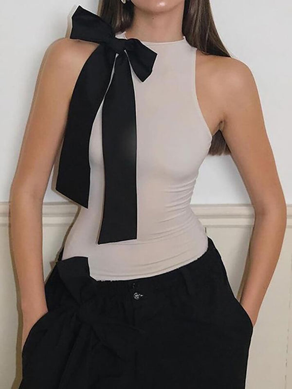 Sleeveless Crew Neck Bow Accent Bodysuit Top - AnotherChill