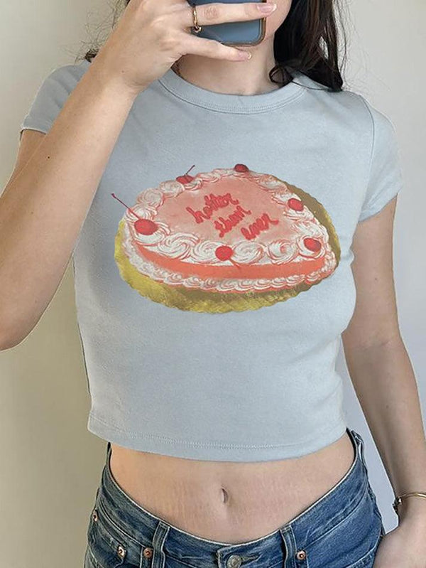 Short Sleeve Cake Print Slim-Fit Crop Top - AnotherChill