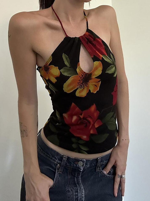 Halter-Neck Floral Print Cut-Out Slim-Fit Crop Cami Top - AnotherChill
