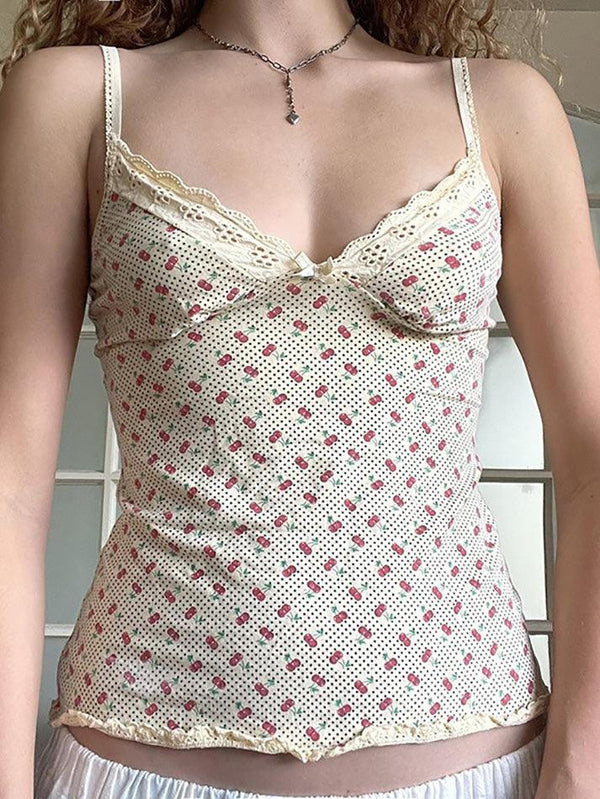 Cherry Print Bow Embellished Lace Tank Top - AnotherChill