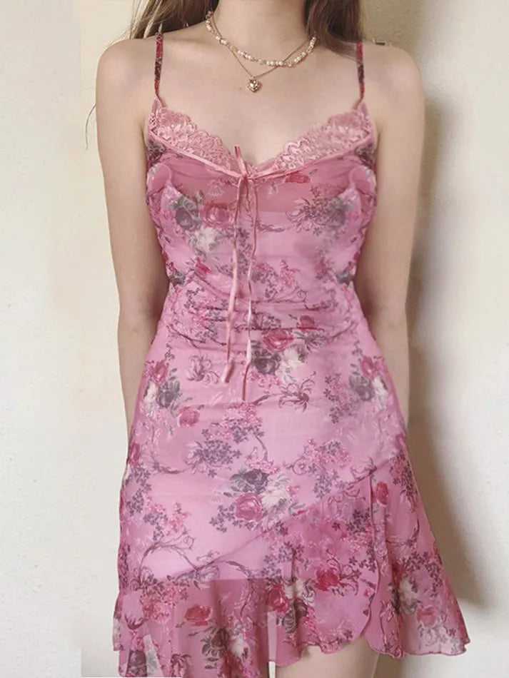 Vintage Print Lace Trim Mesh V-Neck Cami Dress AnotherChill Vintage Print Lace Trim Mesh V-Neck Cami Dress AnotherChill