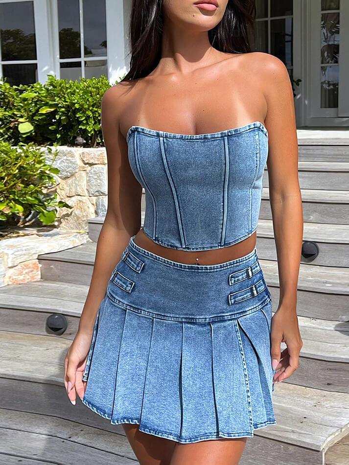 denim two piece dress Denim Two-Piece Set FashieDoll
