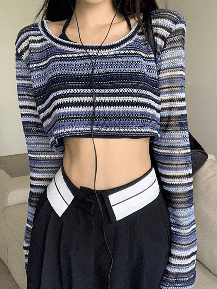 Open Side Striped Crochet Knit Crop Top - Women - Ready-to-Wear