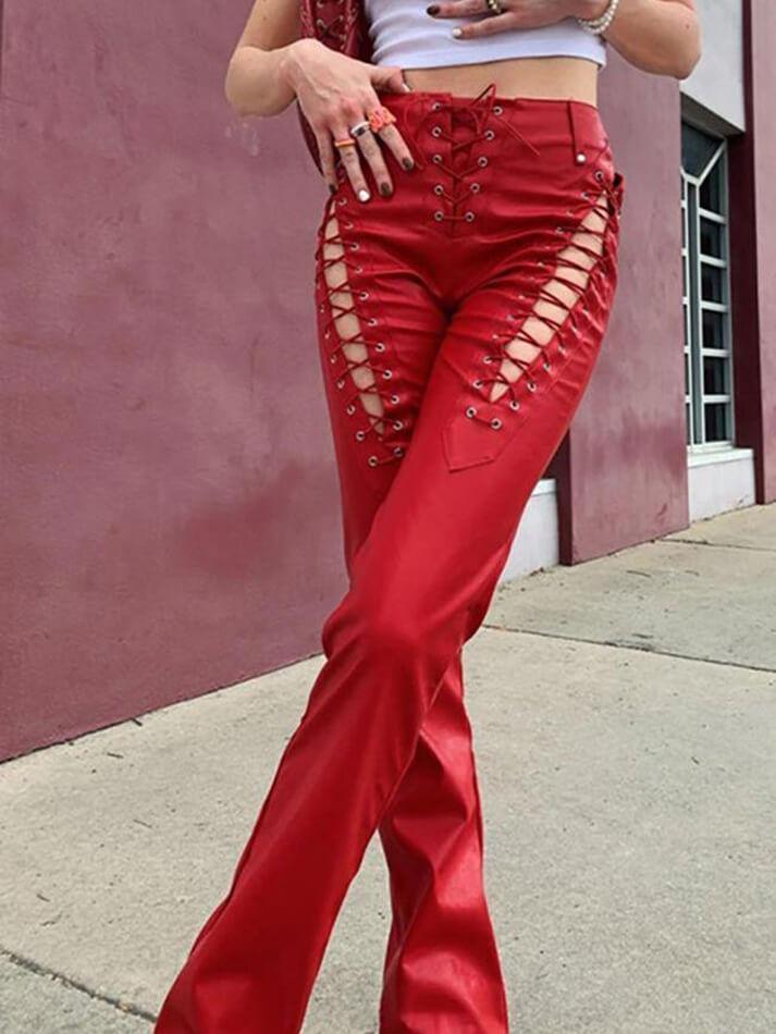 2024 Cut-out Lace Up Pu Leather Pants Red S in Pants Online Store
