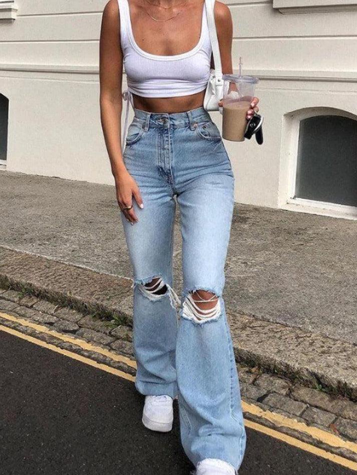2024 Distressed High Waist Ripped Jeans LightBlue S in Jeans