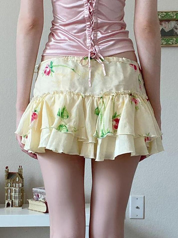 Ruffle Tie Floral Short Skirt - AnotherChill