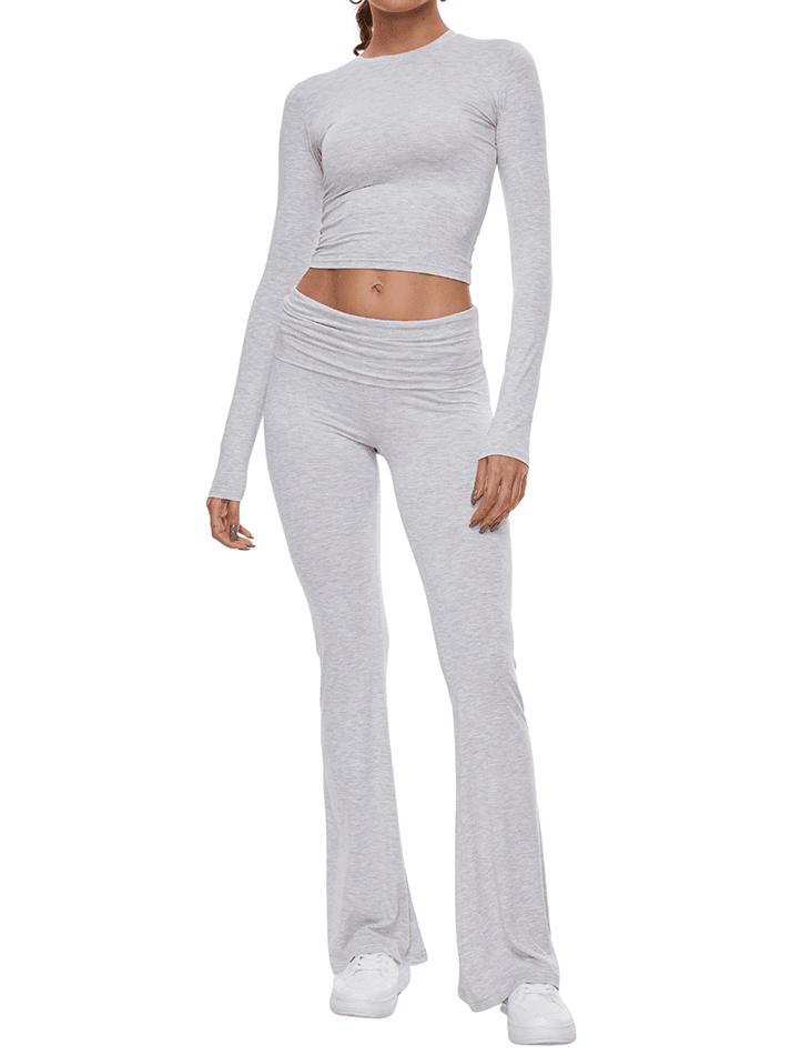 Tuta Casual 2 Pezzi Donna Y2K - Crop Top Manica Corta E Pantaloni Svasati Pieghevoli