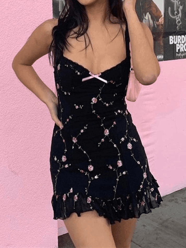 floral mesh paneled mini dress Spaghetti Strap Floral Mesh Panel Mini A-Line Dress