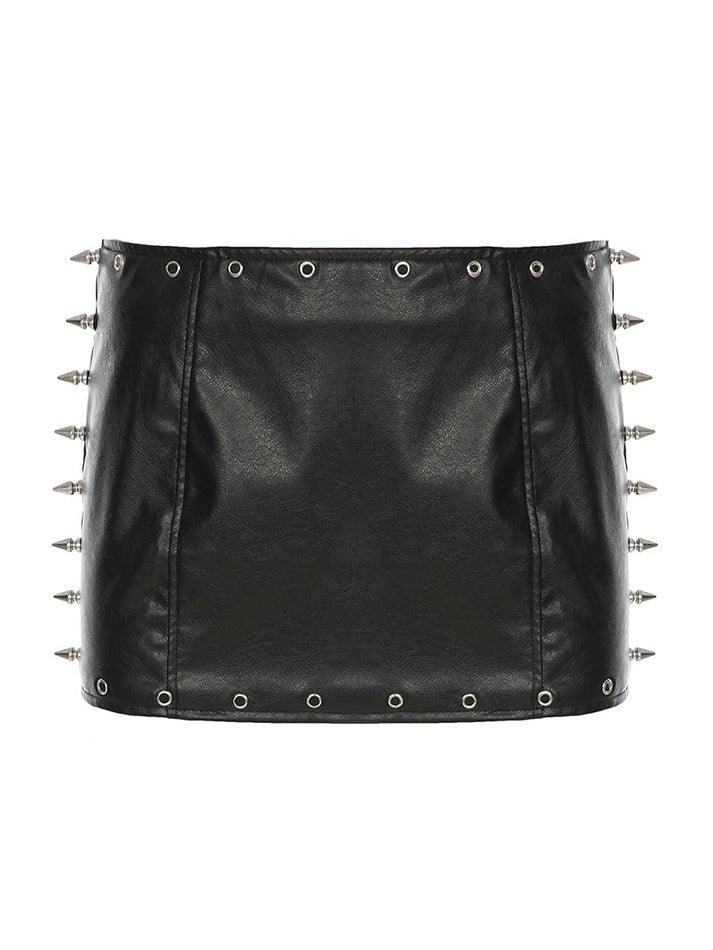 Halter o ring rivet PU leather zip-up mini skirt set main image 1