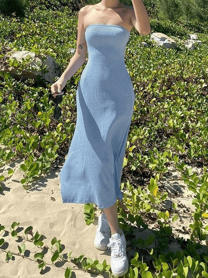 blue ribbed maxi dress Strapless Split Ribbed Maxi Dress – AnotherChill