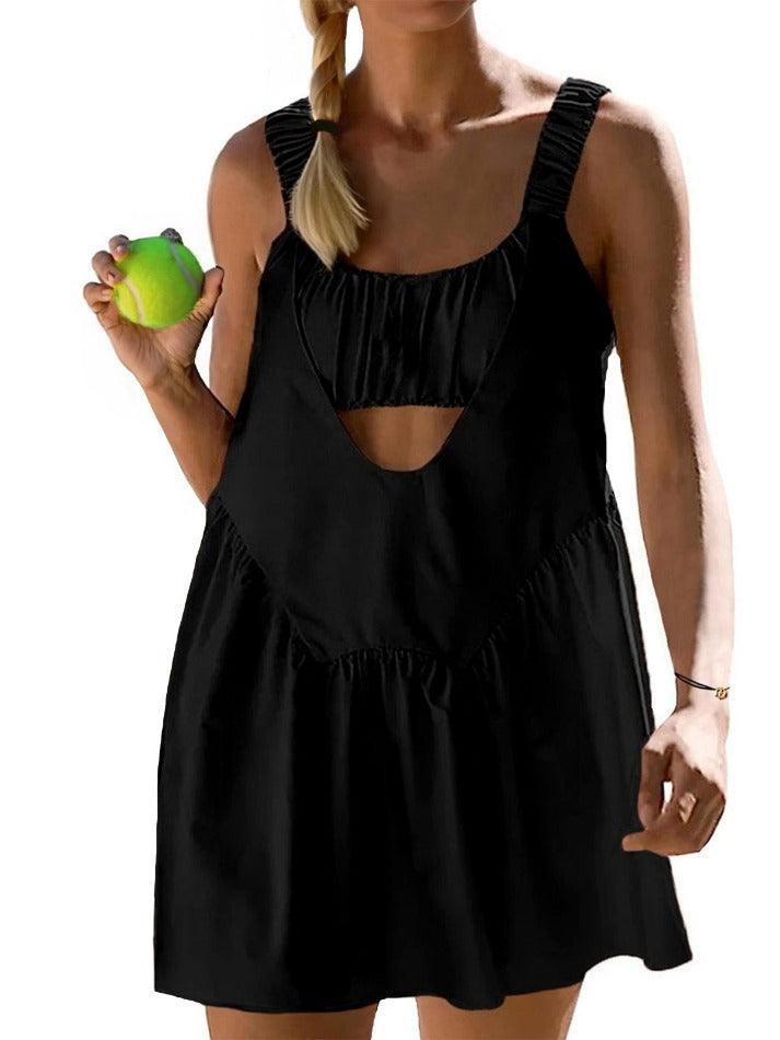 tennis dress with built in shorts Tennis Workout Mini Dress Built-In Bra and Shorts - Black / L