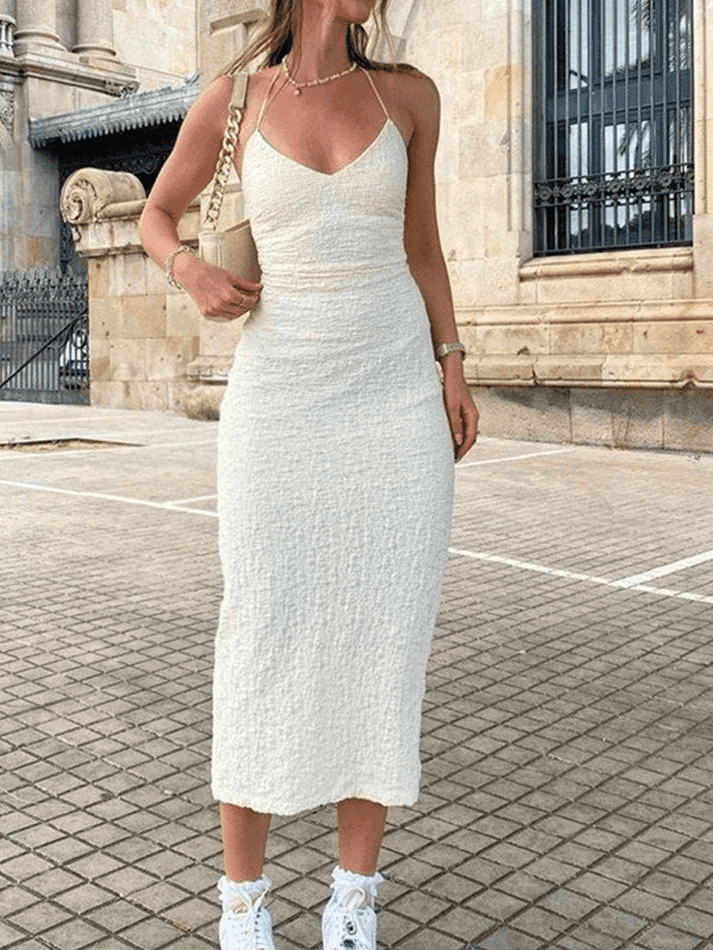 Textured Split Halter Maxi Dress  AnotherChill