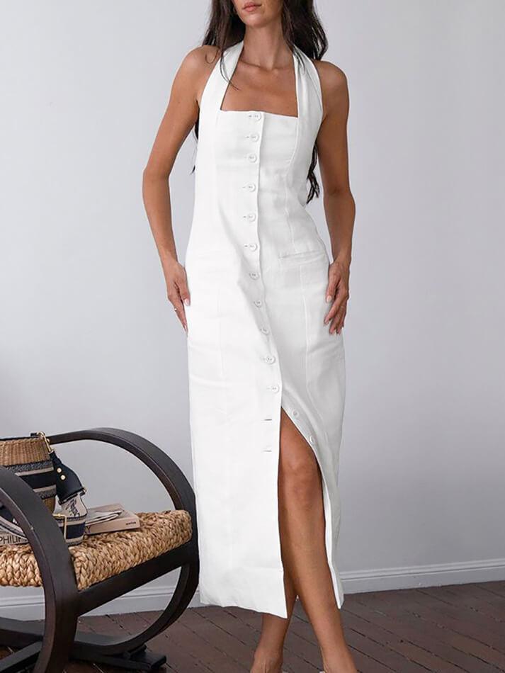 Tied Halter Open Back Cotton Linen Midi Dress AnotherChill Tied Halter Open Back Cotton Linen Midi Dress AnotherChill