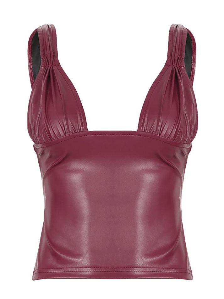 Ruched Faux Leather Hi Neck Top