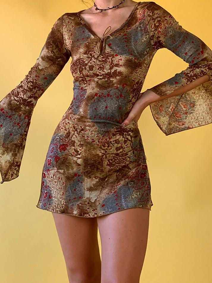 2023 V Neck Split Long Sleeve Mini Dress Brown L in Dresses Online Store | AnotherChill.com