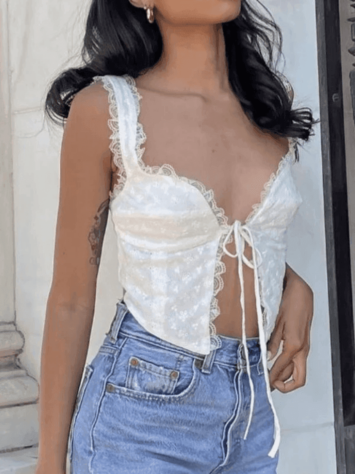 Acetate Blend Tie Front Contrast Trim Women Tank Top