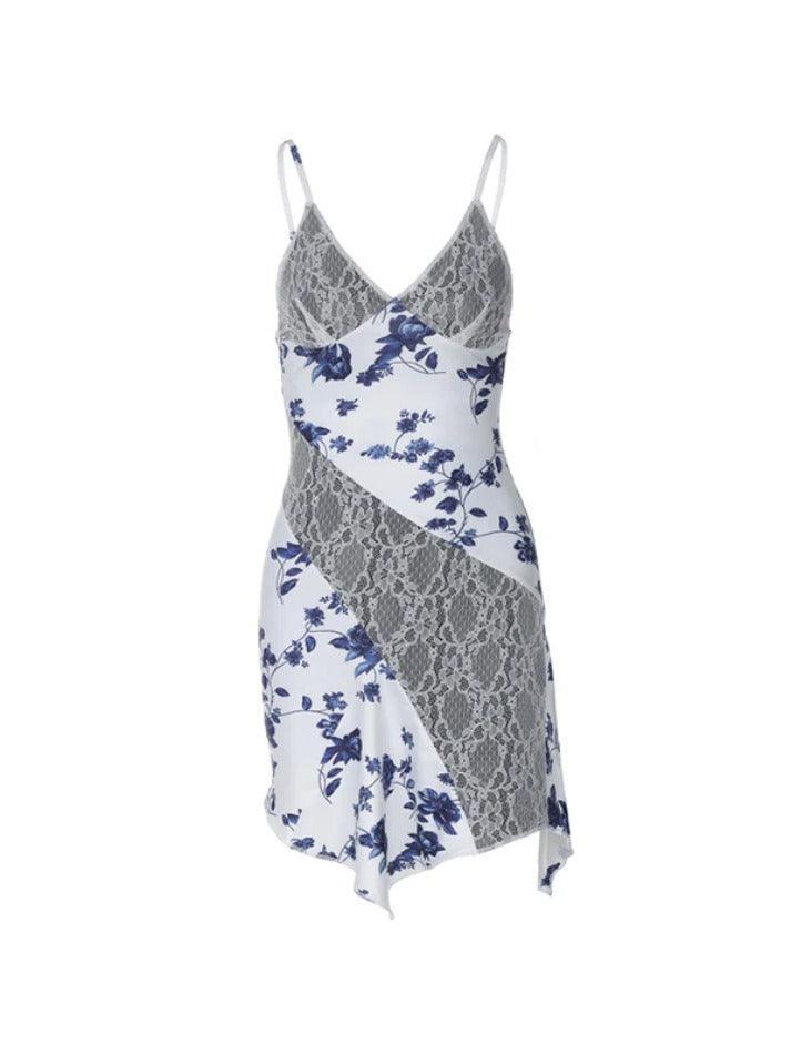 Ditsy Floral Print Splice Lace Split V Neck Mini Dress  AnotherChill