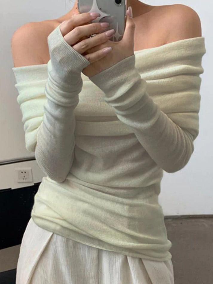 Long-Sleeve Off Shoulder Plain Knit Top main image 1