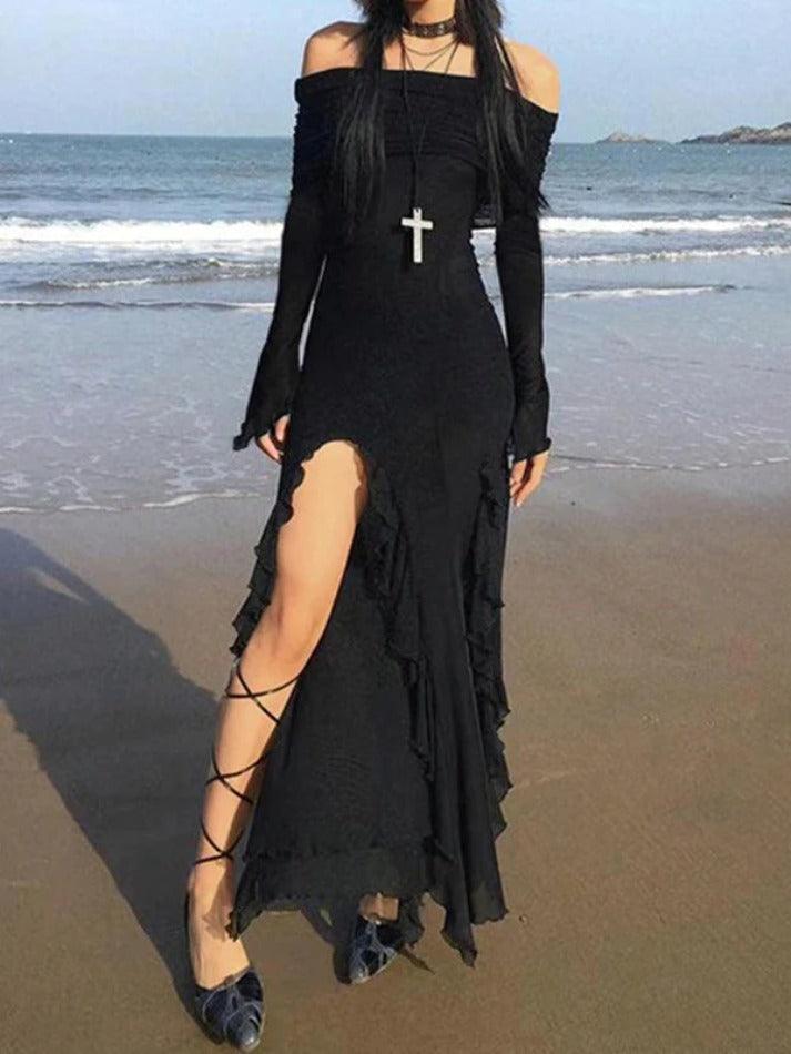 Off Shoulder Ruffle High Slit Maxi Dress AnotherChill Off Shoulder Ruffle High Slit Maxi Dress AnotherChill