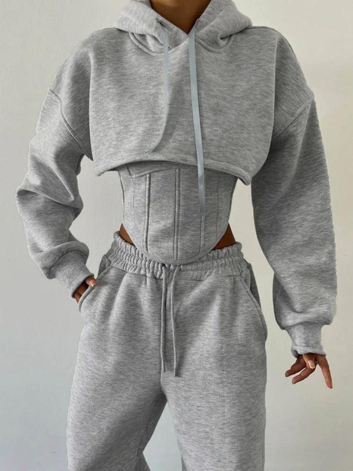 Solid Corset Tank Top Short Hoodie & Drawstring Sweatpants Set 