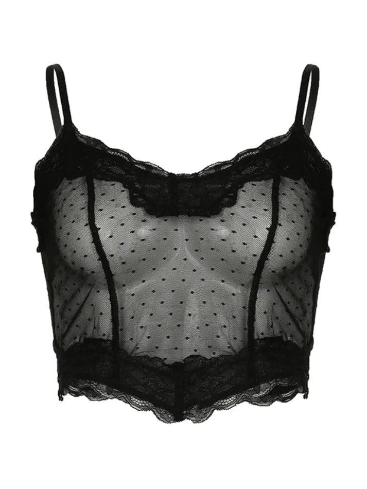Black Lace Spliced Mesh Cami Top - AnotherChill