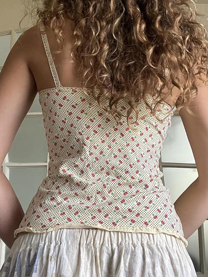 Cherry Print Bow Embellished Lace Tank Top - AnotherChill