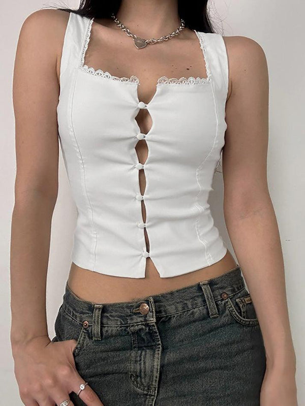 Lace Trim Button Front Tank Top - AnotherChill