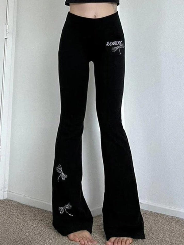 Vintage Dragonfly Embroidery Flare Leg Pants - AnotherChill