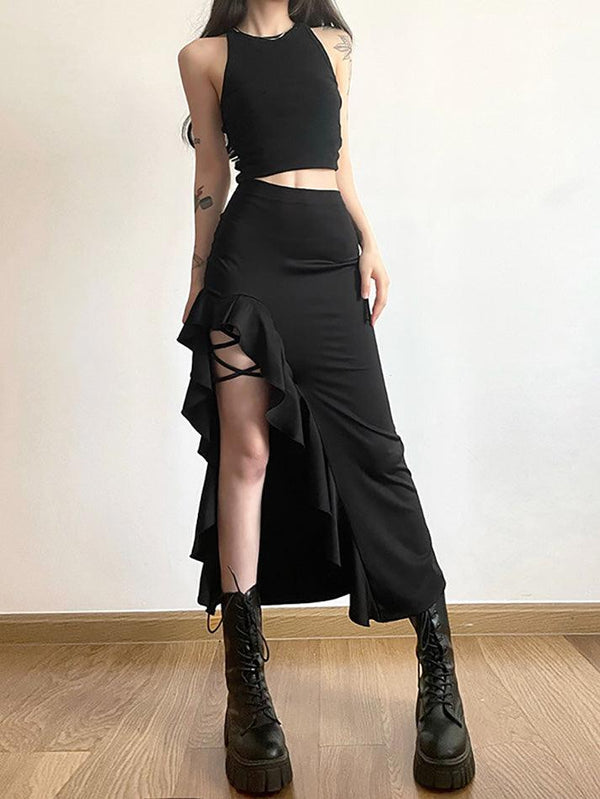 High Waist Irregulr Split Goth Skirt