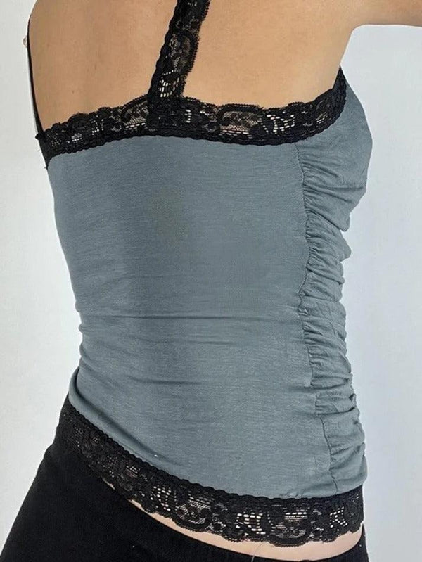 Contrast Color Lace Patchwork Pleated Tank Top - AnotherChill
