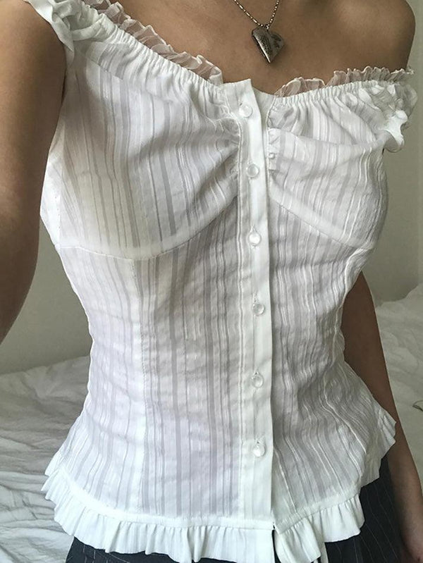 Ruffled-Trim Lace Panel Plain Button-Up Camisole Top