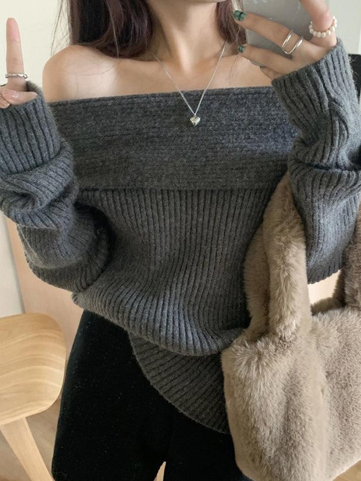 Solid Off Shoulder Knit Sweater - AnotherChill