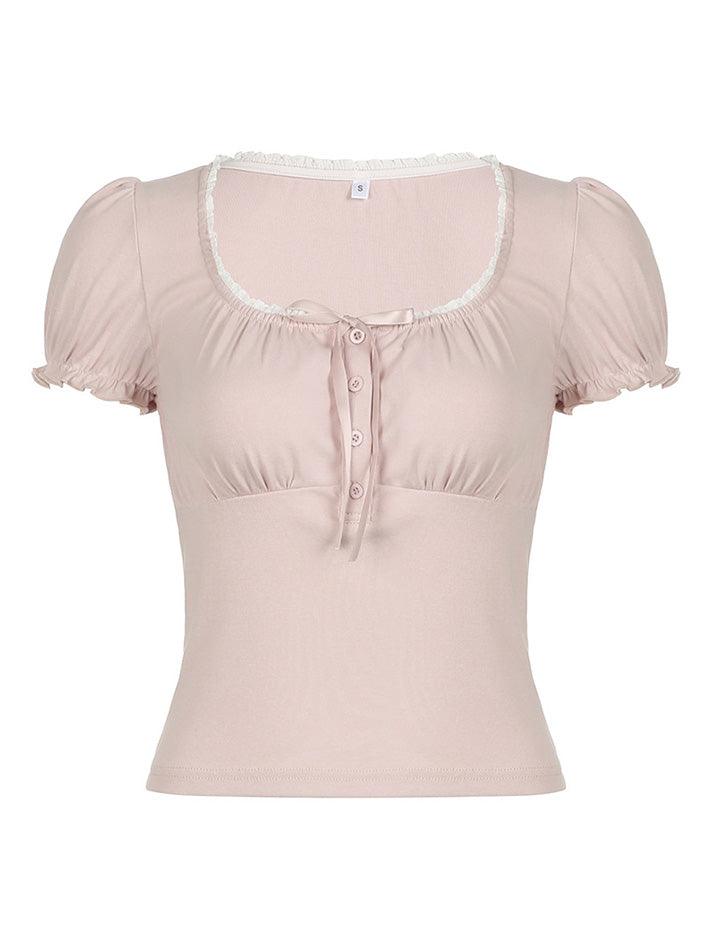 Ruffled-Trim Ribbon Bow Accent Slim-Fit Crop Top - AnotherChill