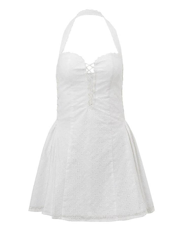 Cotton Backless Tie Up Halter Short Dress