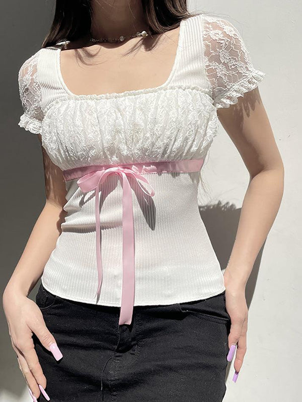 Bow Lace Patchwork Bubble Sleeve Top