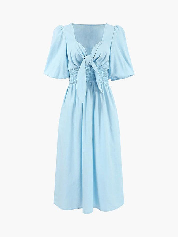 Linen Cotton Front Tie Midi Dress - AnotherChill