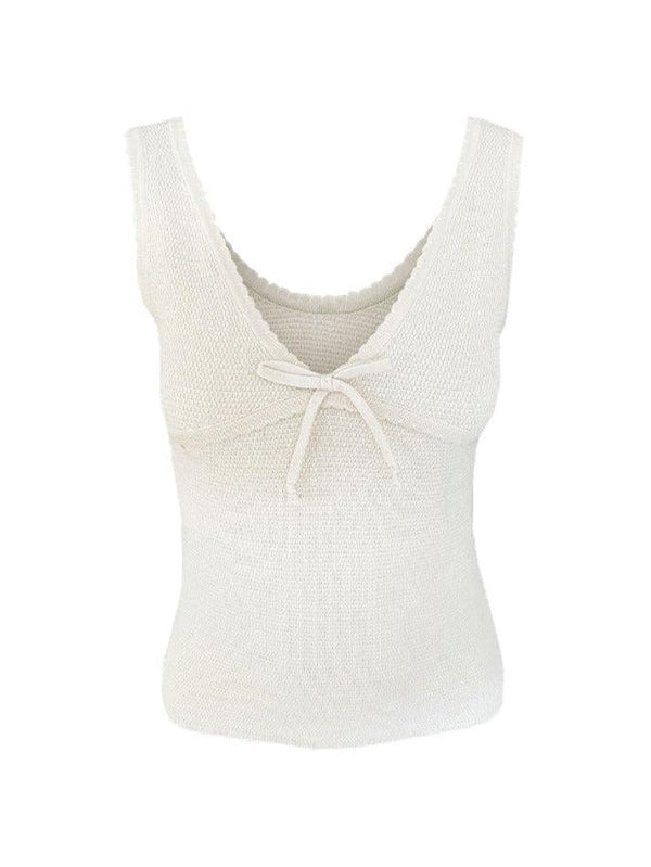 Contrast Color Stitching V Neck Bow Tank Top - AnotherChill
