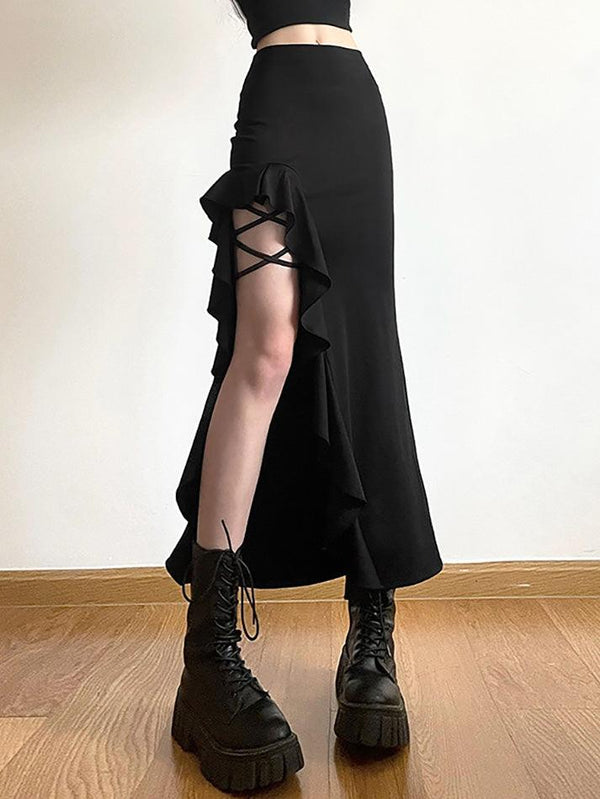 High Waist Irregular Split Goth Skirt