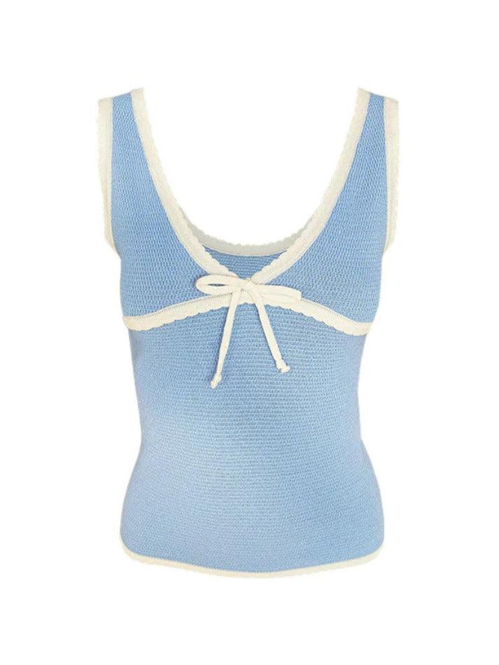 Contrast Color Stitching V Neck Bow Tank Top - AnotherChill