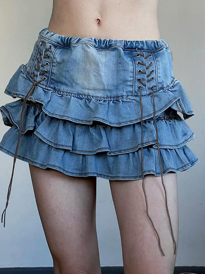 Vintage Tie High Rise Tiered Denim Mini Skirt - AnotherChill