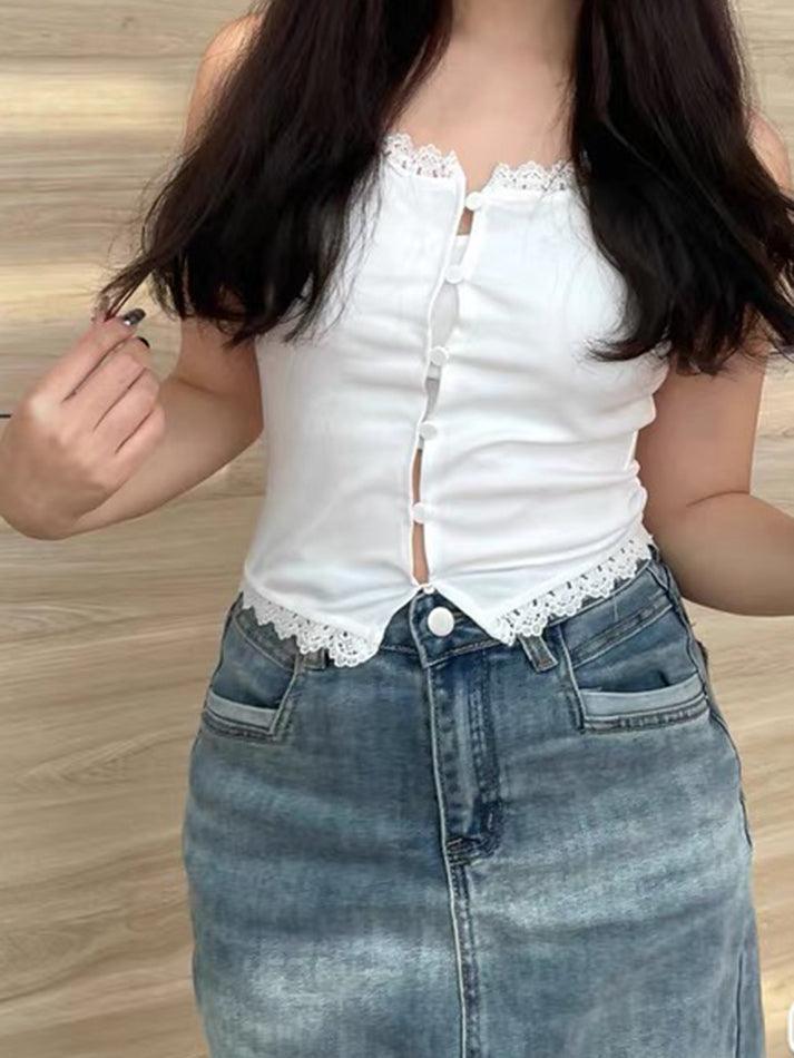 Lace Button-Up Slim-Fit Crop Tank Top - AnotherChill