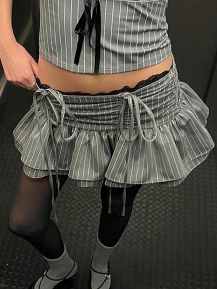 Low Waist Lace Panel Striped Drawstring Skirt - AnotherChill