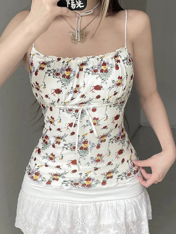 Floral Ruched Mesh Cami Top