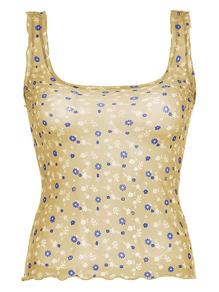 Floral Mesh See-Through Tank Top - AnotherChill