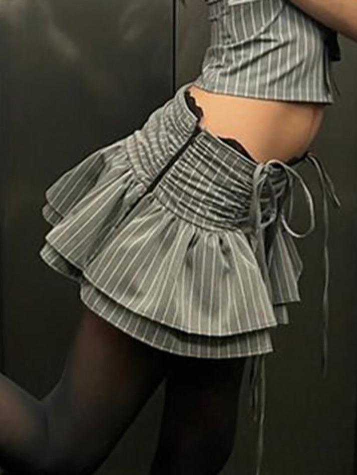 Low Waist Lace Panel Striped Drawstring Skirt - AnotherChill