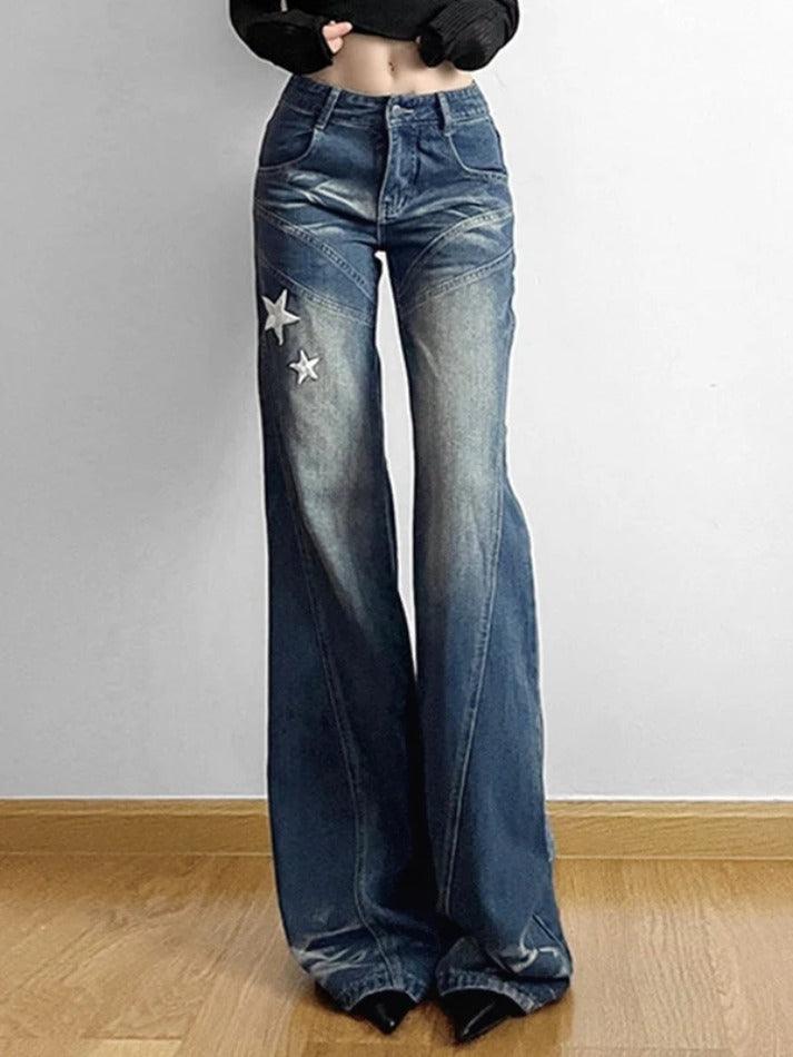 Star Patch Embroidery Design Split Line Flare Jeans - AnotherChill