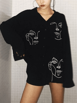 Abstract Face Print Long Sleeve Blouse AnotherChill